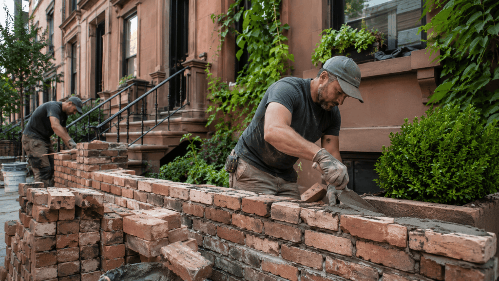 Masons building and repairing a reclaimed brick wall outside an NYC brownstone, showing eco-friendly masonry solutions for durable urban construction