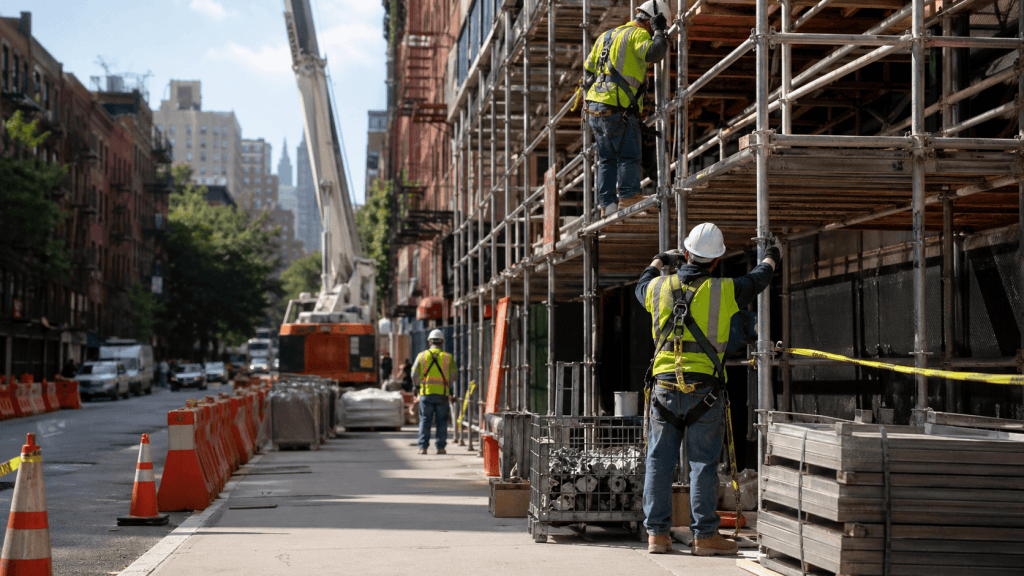 NYC construction site with workers on scaffolding wearing safety harnesses, cones and barriers along the sidewalk, and active site safety measures in place