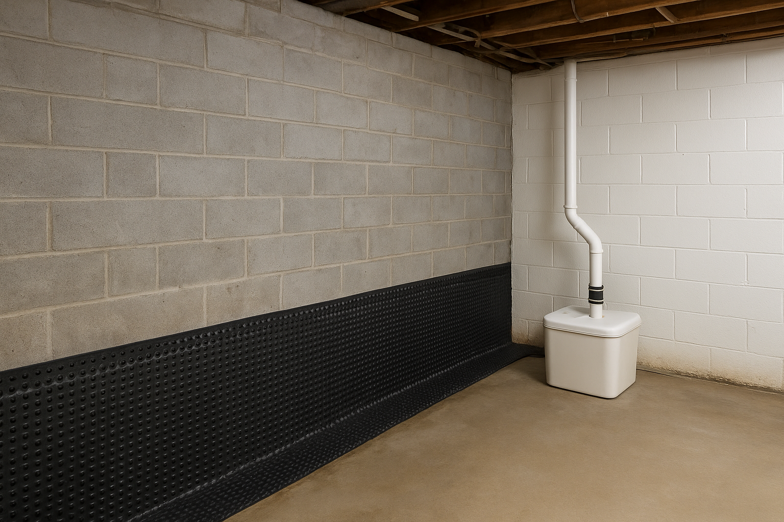 Professional basement waterproofing with sealed concrete walls and sump pump system