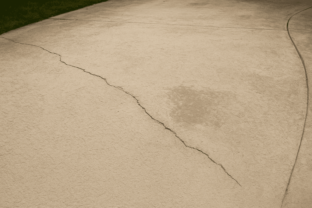 Worker repairing cracked concrete driveway surface