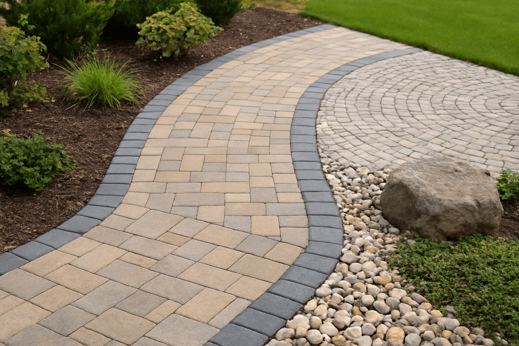 Modern stone patio and walkway with creative paver design and greenery