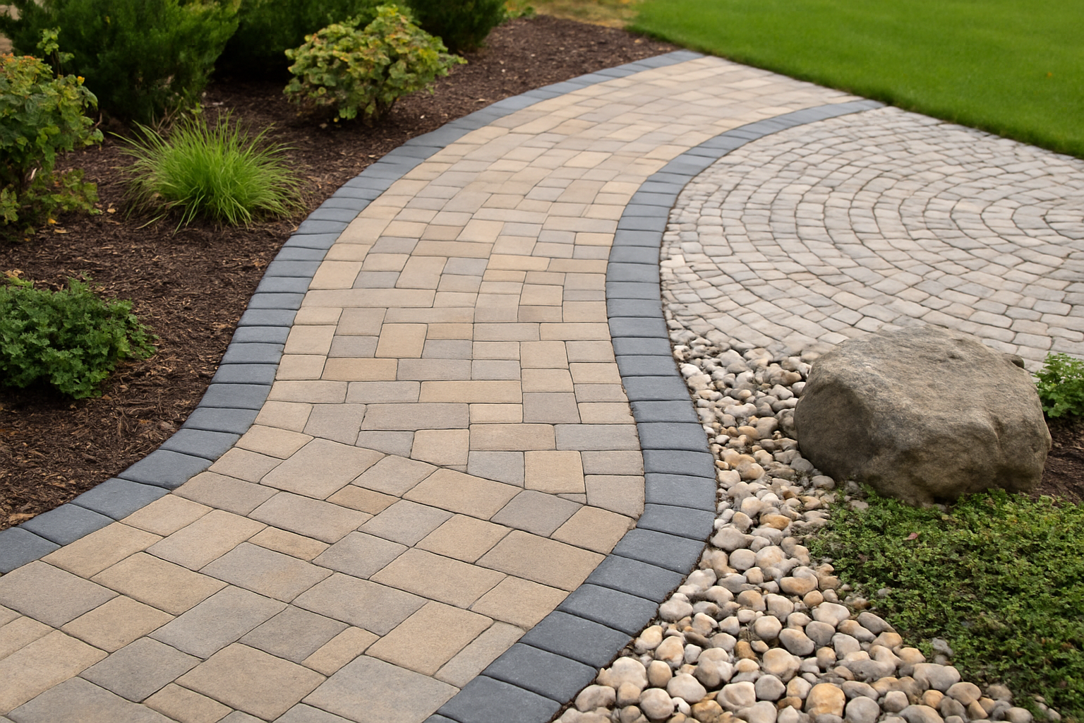 Modern stone patio and walkway with creative paver design and greenery