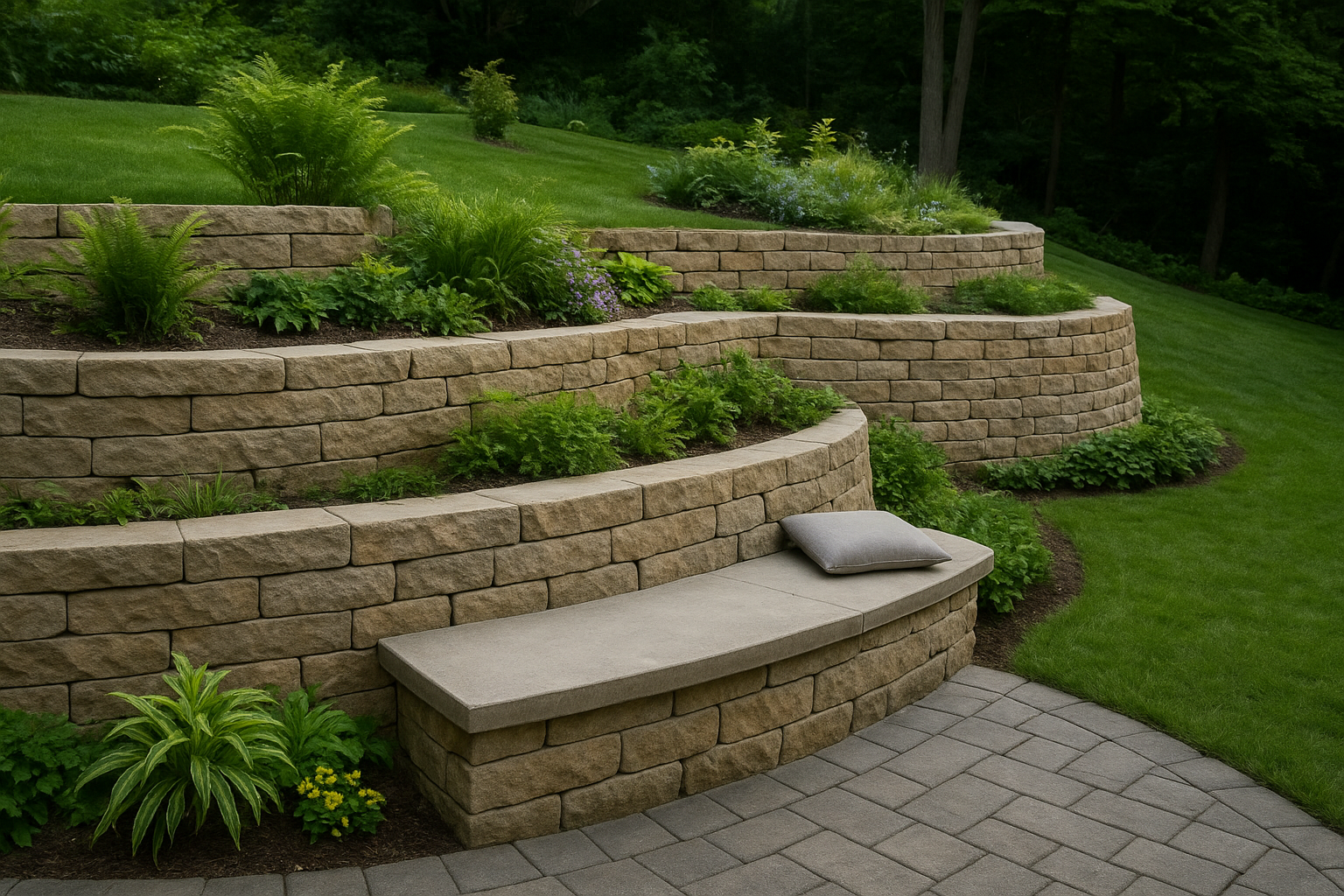 Modern stone retaining wall with greenery