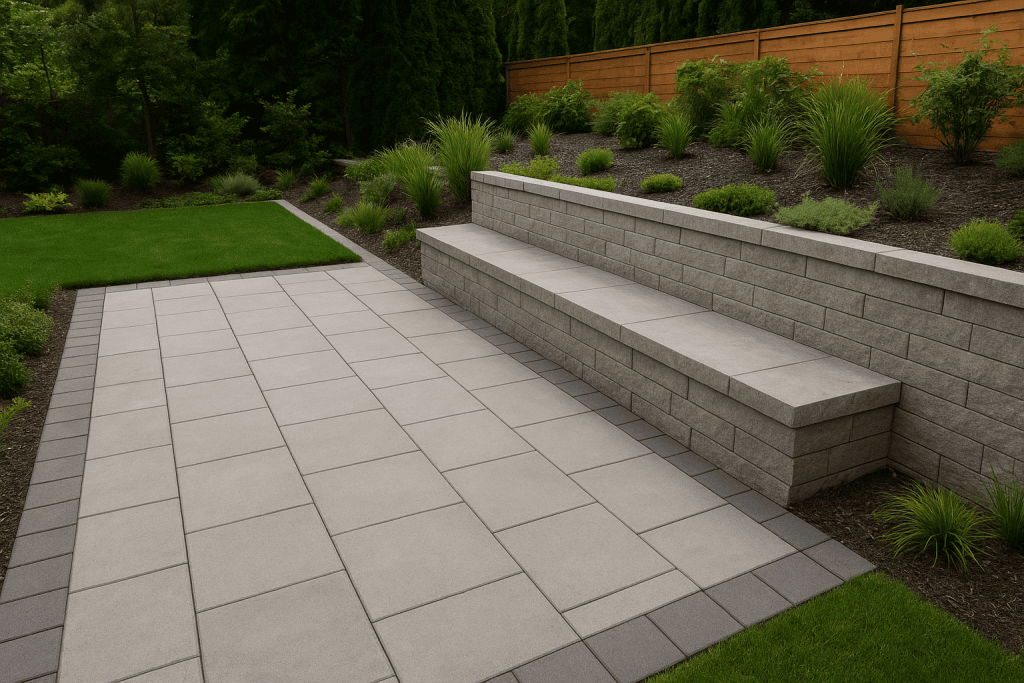 Modern low-maintenance backyard with concrete pavers, clean pathways, and minimal greenery for an elegant outdoor design