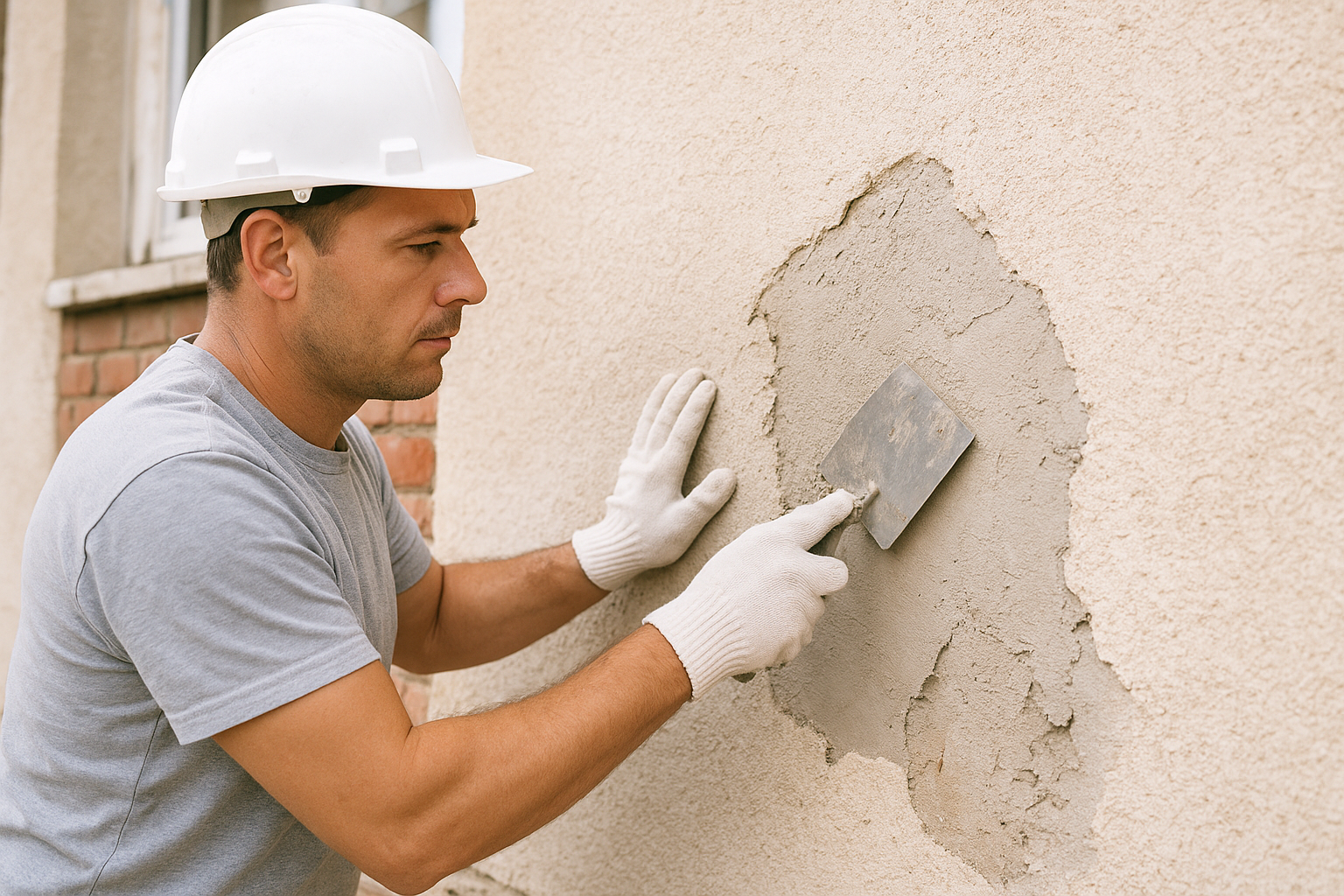 Worker repairing stucco wall on a Brooklyn home exterior