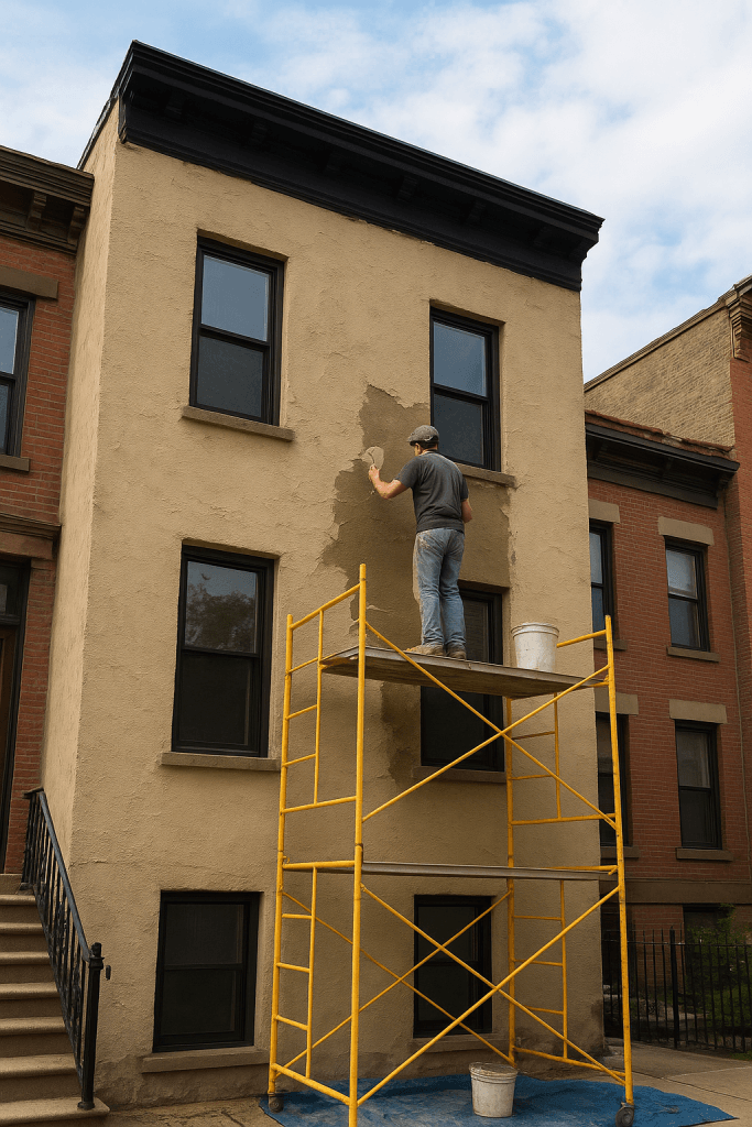 Modern Brooklyn townhouse with custom stucco exterior and smooth textured finish