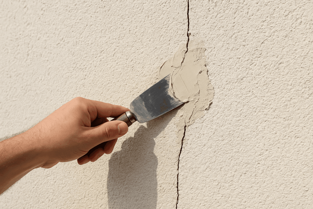 Close-up of a worker repairing cracks on a stucco wall of a Brooklyn building