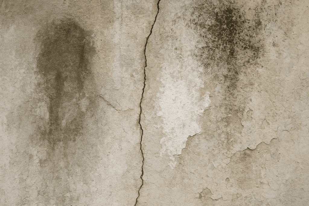 Close-up of a concrete wall showing early water damage and moisture stains