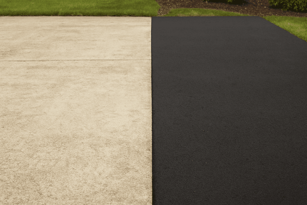 Concrete and asphalt driveways side by side showing texture and durability comparison