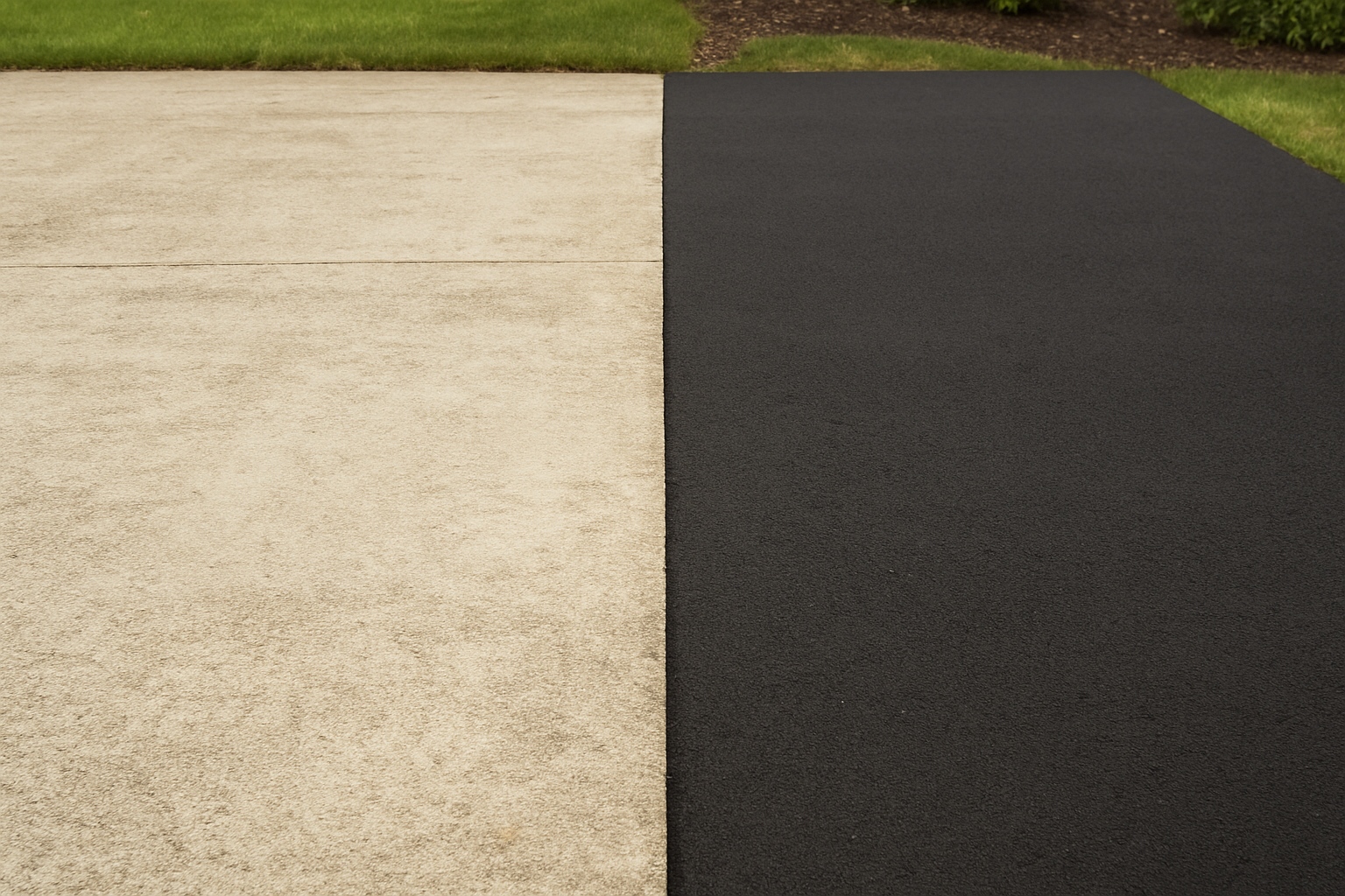 Concrete and asphalt driveways side by side showing texture and durability comparison