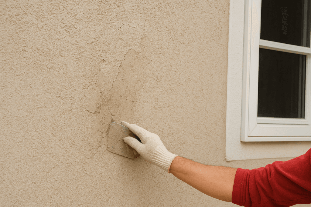 Worker inspecting cracked stucco wall for damage and signs of moisture