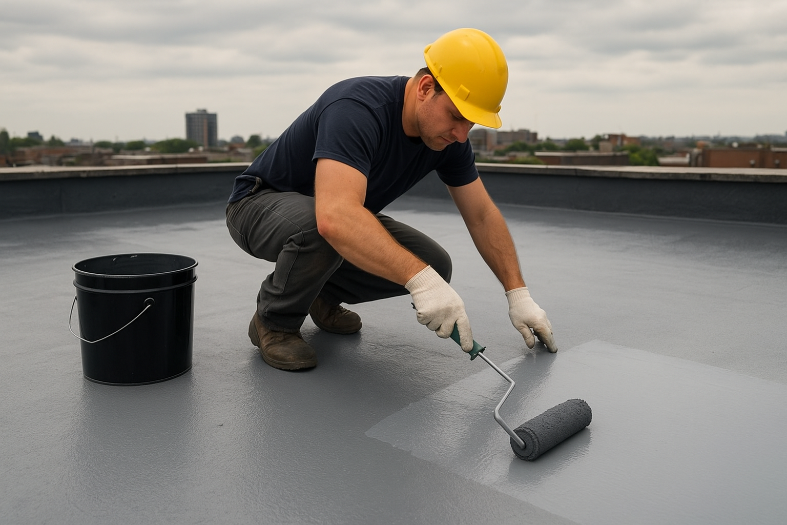 Roofer applying waterproof coating on a flat roof to prevent leaks