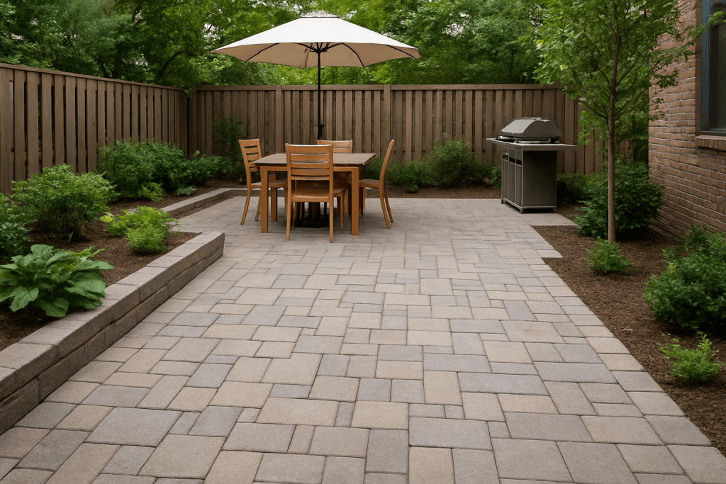 Backyard patio with interlocking pavers showing a smooth, even surface after professional paver repair in Brooklyn