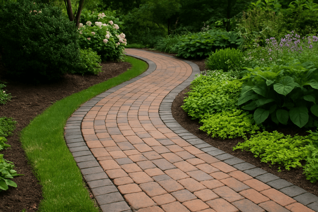 Garden path pavers in a Brooklyn backyard surrounded by plants and greenery