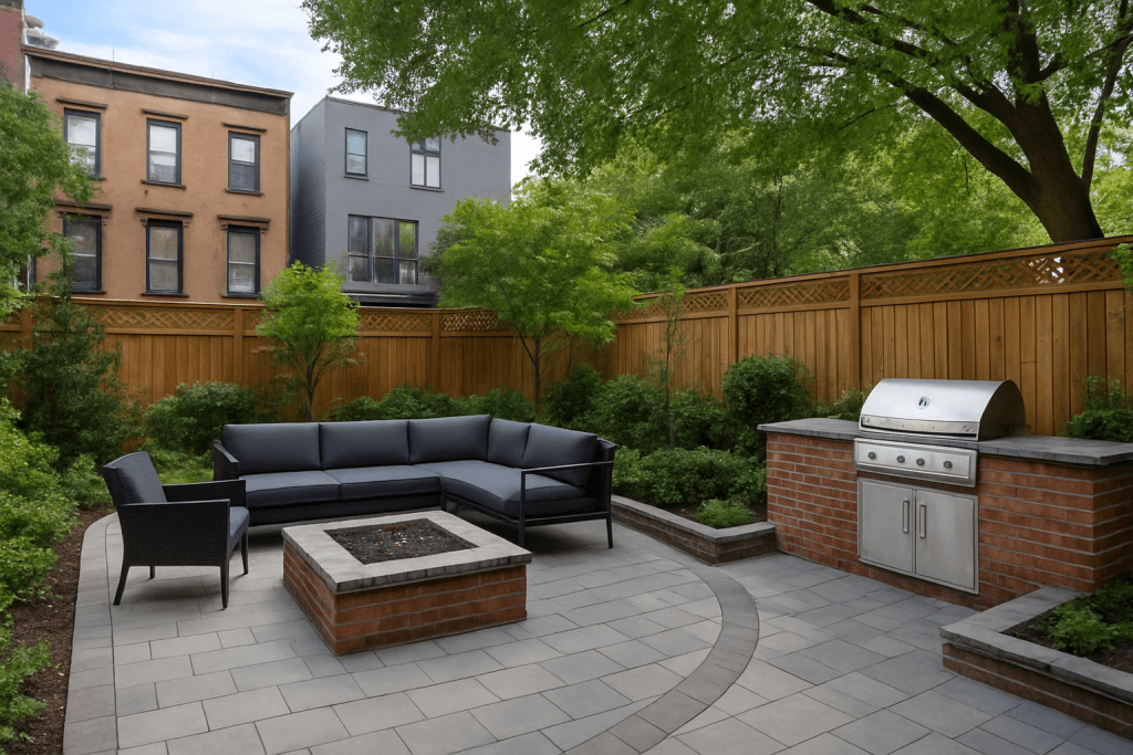 Modern Brooklyn backyard with professionally designed paver patio and outdoor living features
