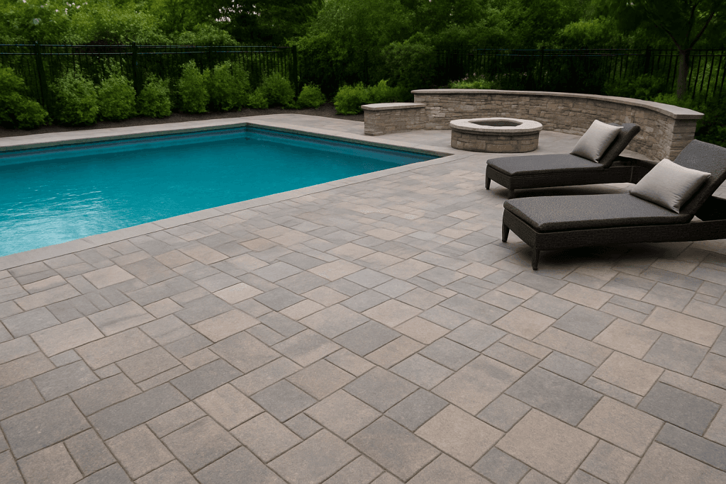 Modern Brooklyn pool deck with non-slip stone pavers and clean, seamless edging