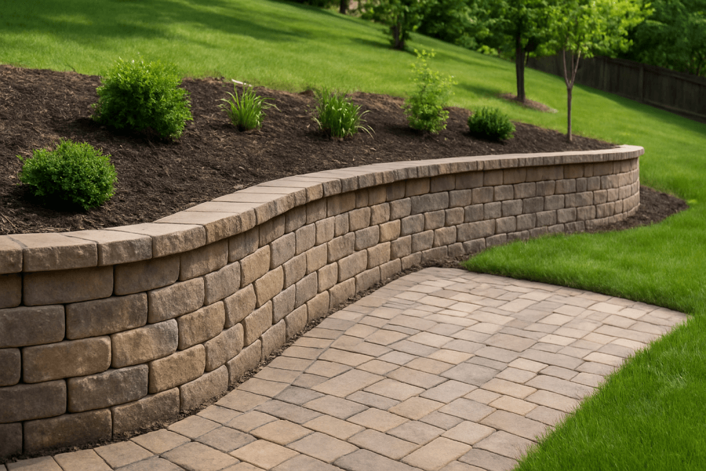 Professional residential retaining wall built with durable stone blocks in a landscaped backyard