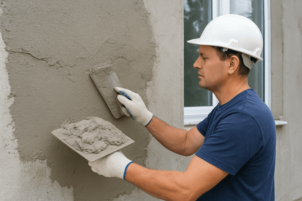 Skilled stucco contractor applying fresh stucco to an exterior wall using a trowel during a home improvement project