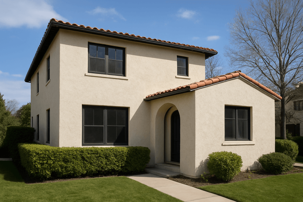 Contractor repairing stucco cracks on an exterior wall using professional tools