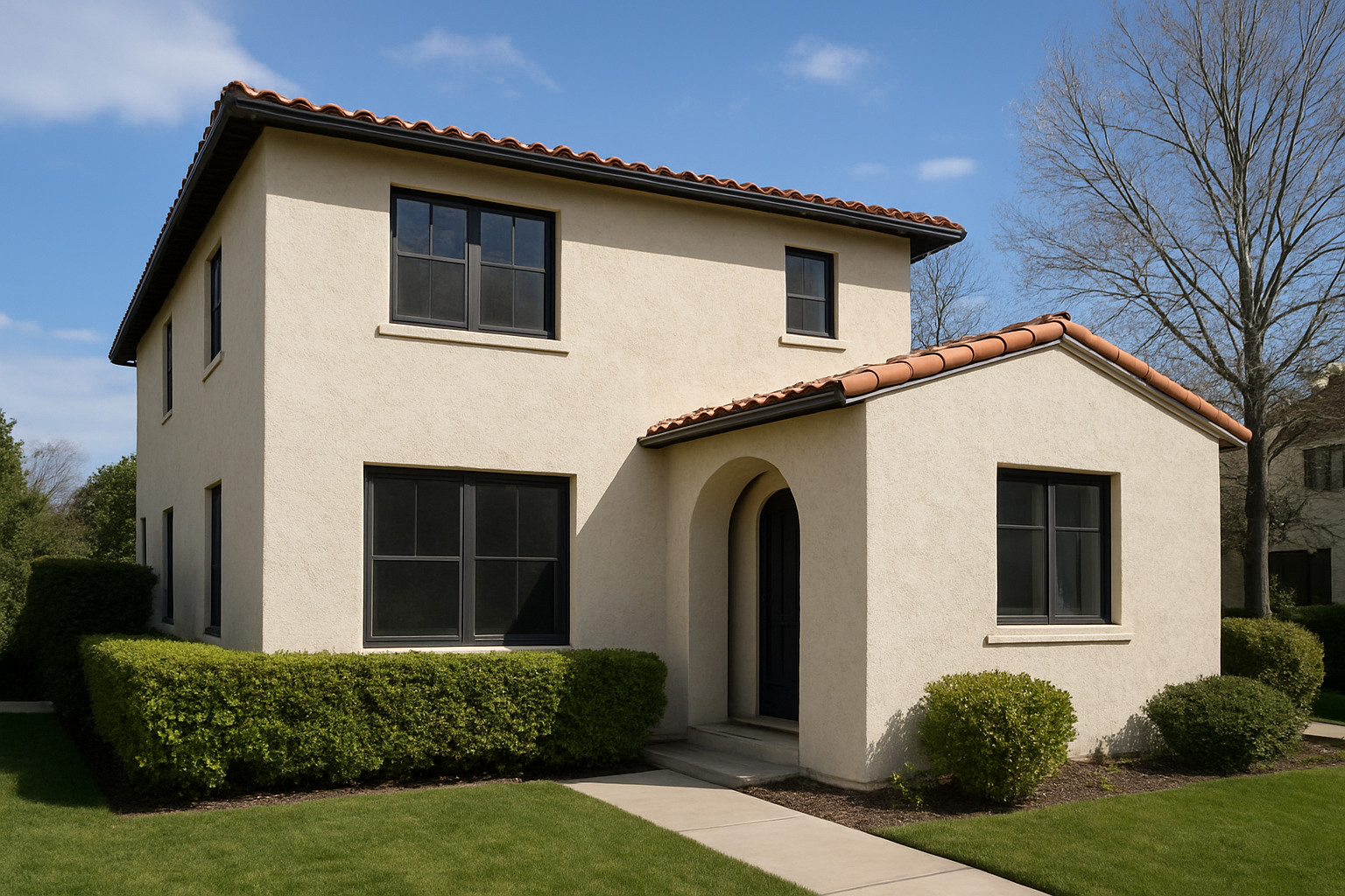Contractor repairing stucco cracks on an exterior wall using professional tools