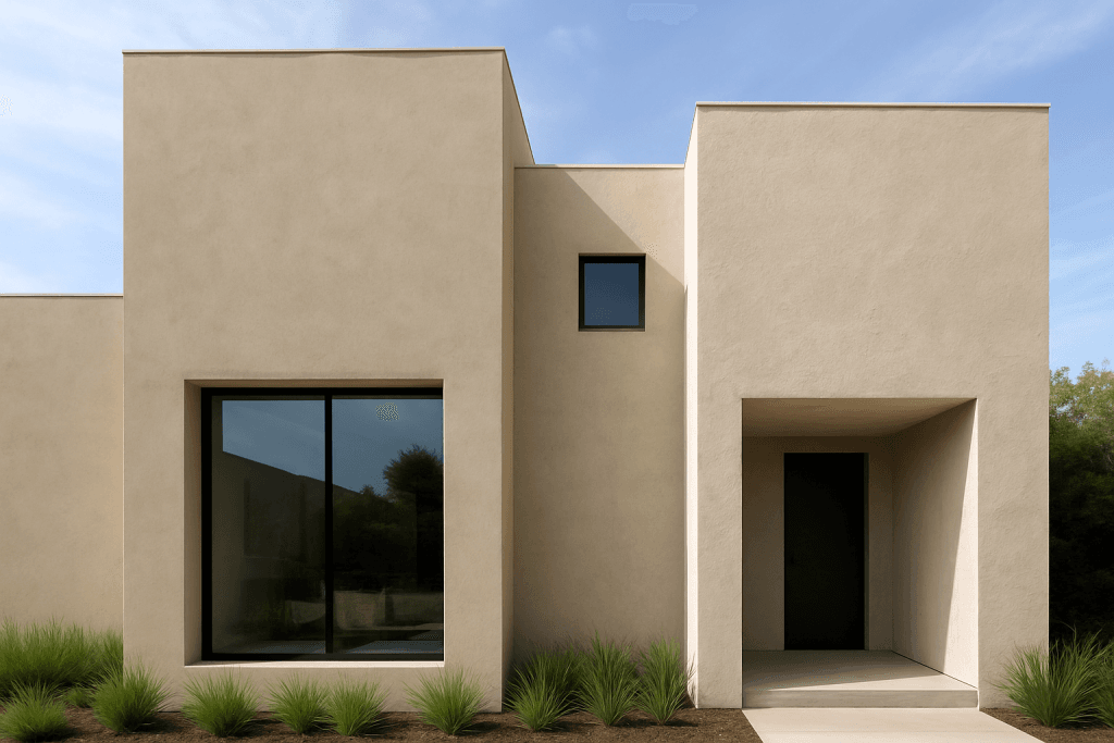 Modern home exterior featuring clean, contemporary stucco textures with a smooth and sand-finish blend, showcasing stylish architectural lines and updated curb appeal