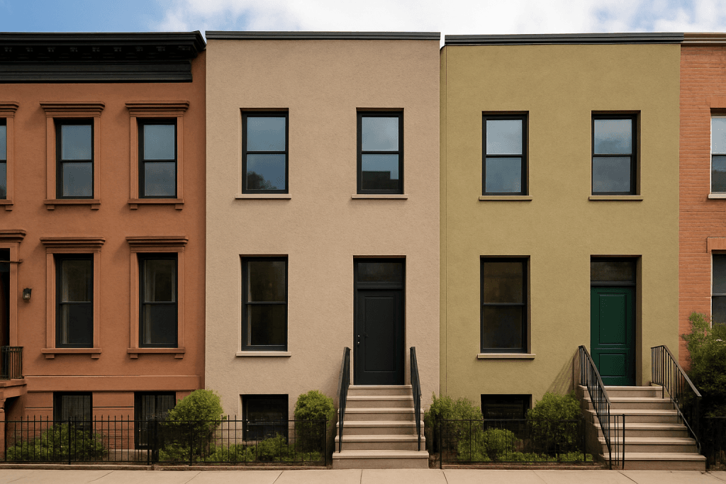 Modern Brooklyn brownstones with varied stucco colors and textures