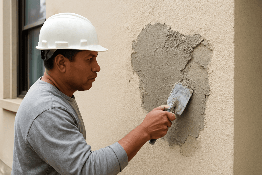 Construction worker repairing cement stucco wall on a Brooklyn building for a smooth, long-lasting finish