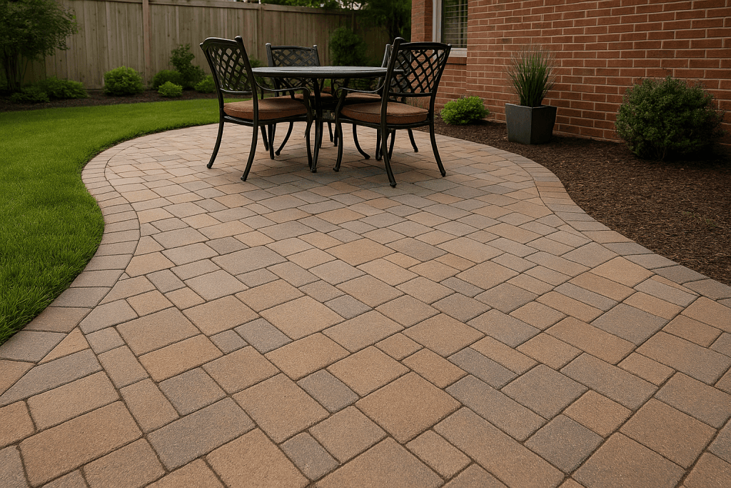 Outdoor paver patio in Brooklyn with modern brick design and seating area