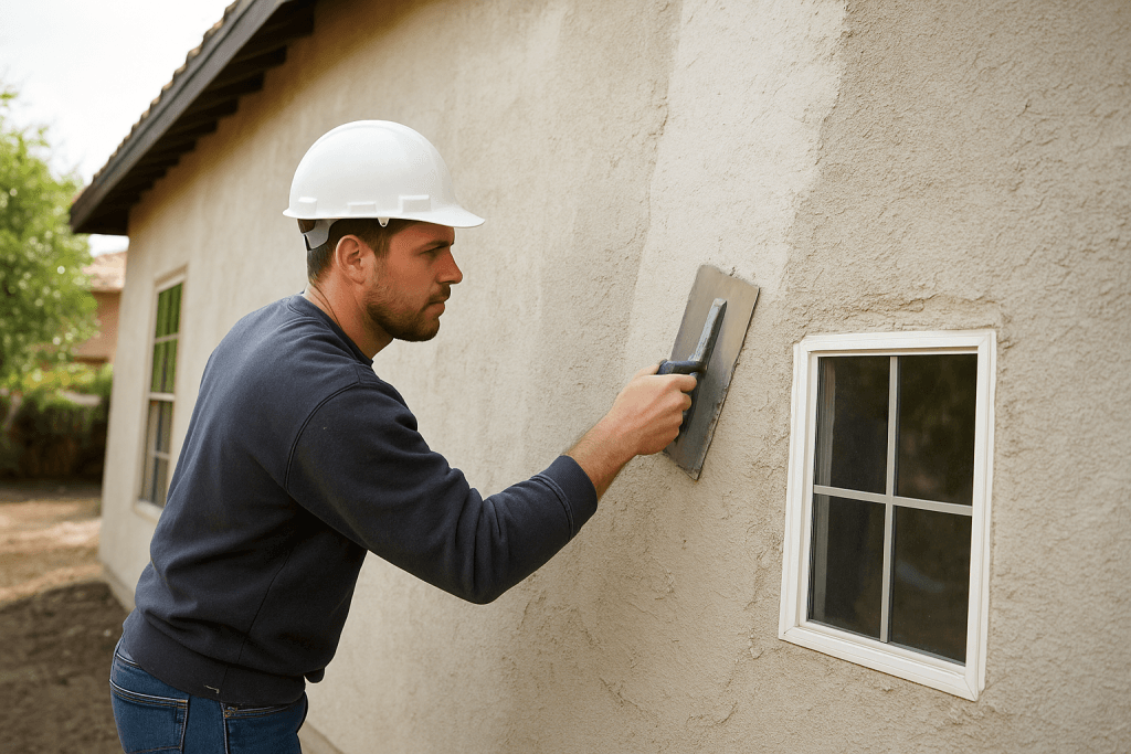 Worker applying fresh stucco to a home exterior during professional stucco repair.