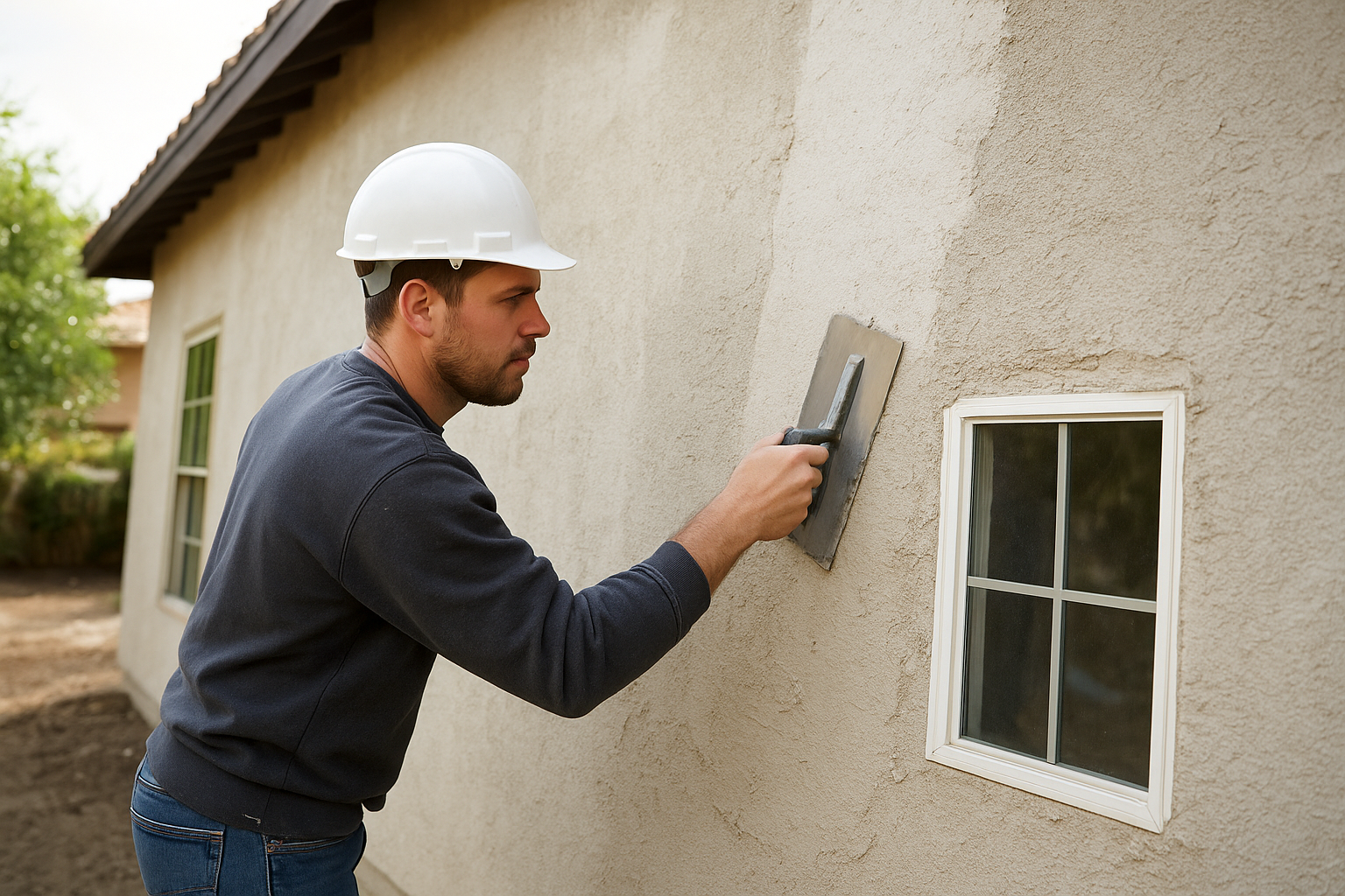 Worker applying fresh stucco to a home exterior during professional stucco repair.