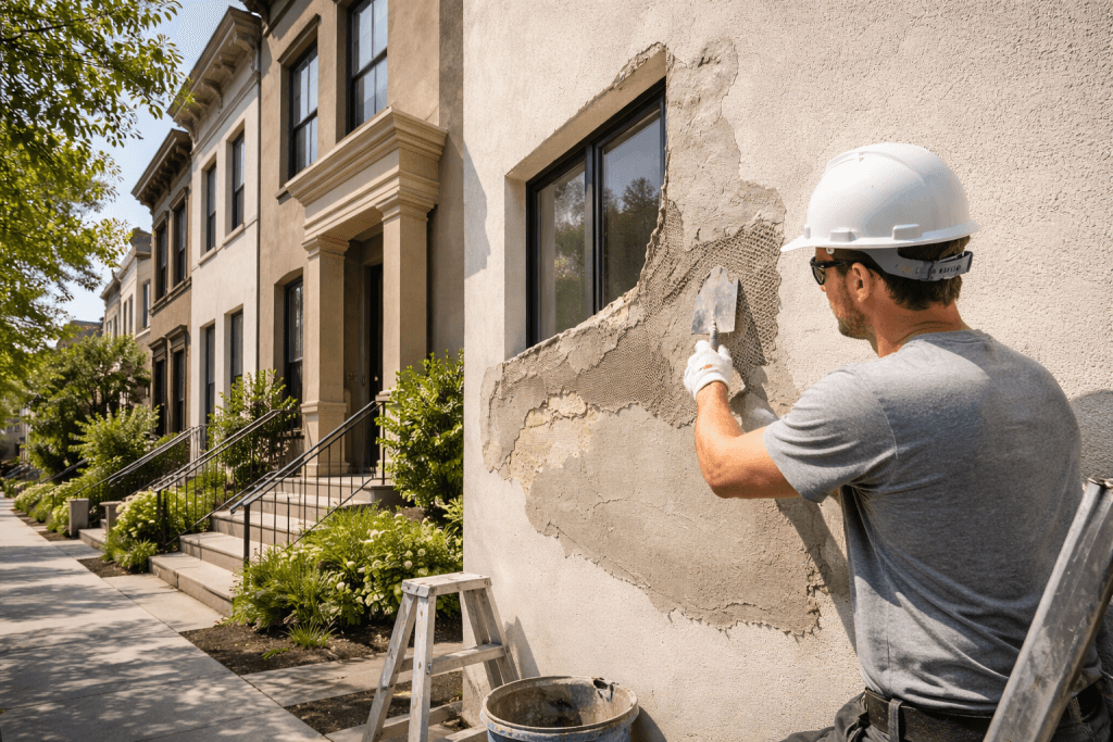 Cement stucco repair on a Brooklyn townhouse exterior