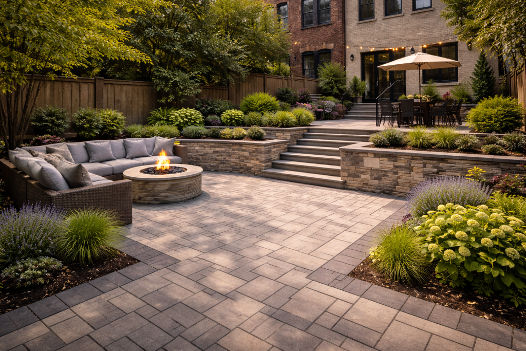 Brooklyn backyard with retaining wall and paver patio, cozy seating, and lush landscaping