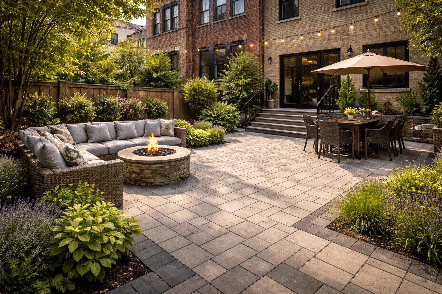 Professionally built backyard patio with stone pavers in a Brooklyn home, featuring seating, fire pit, and durable outdoor design