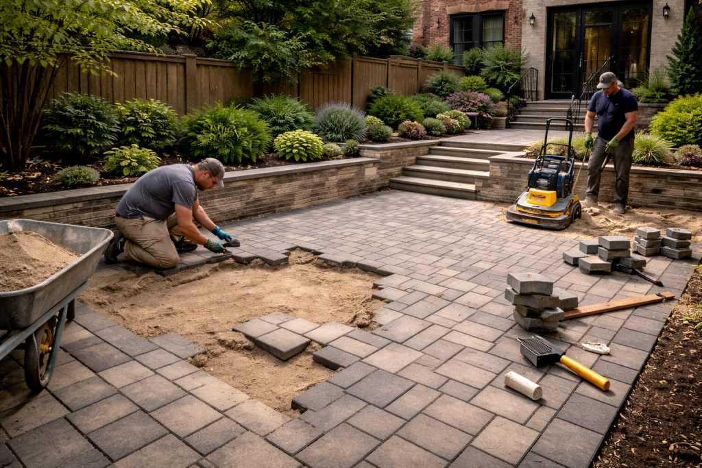 Interlocking paver repair in Brooklyn backyard walkway