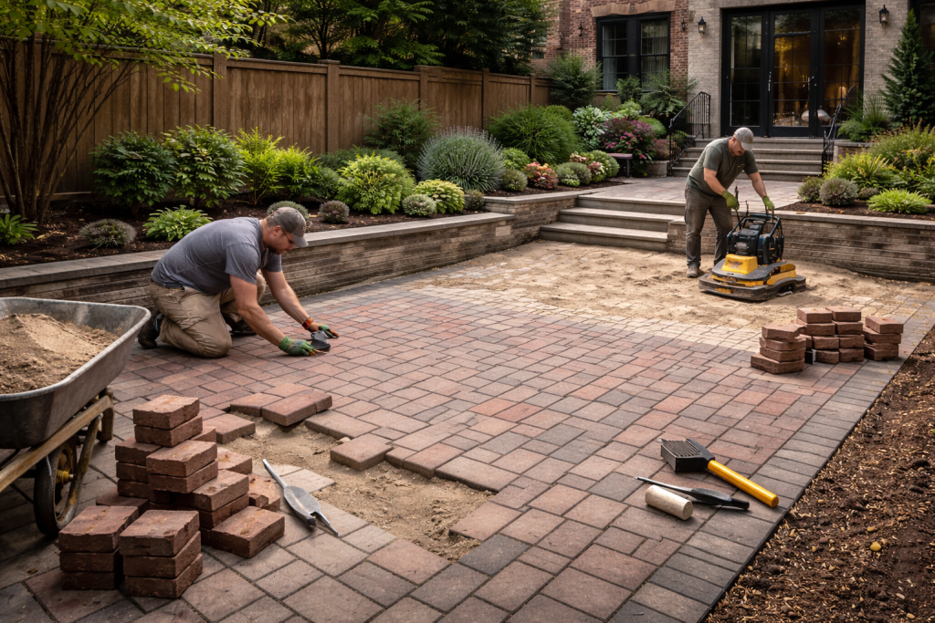 Two professional landscapers installing brick pavers on a Brooklyn backyard patio, creating a classic, durable outdoor surface