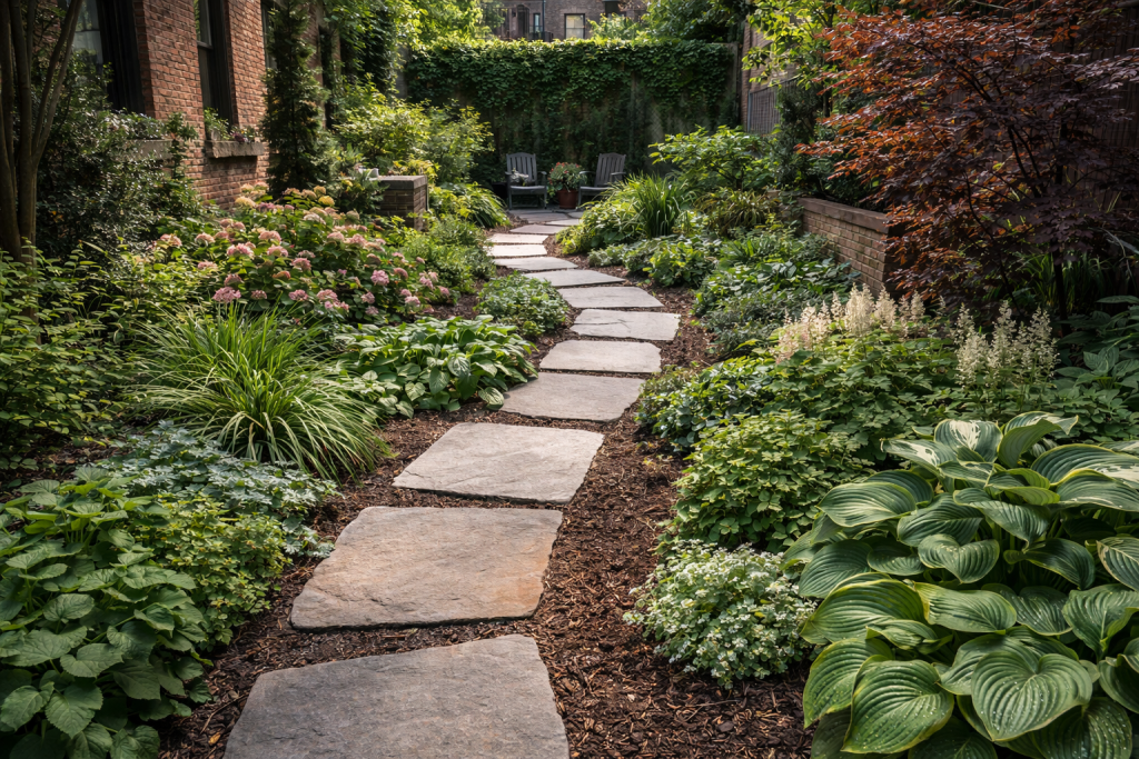 Garden path pavers Brooklyn backyard with stone walkway, lush plants, and brownstone landscape design