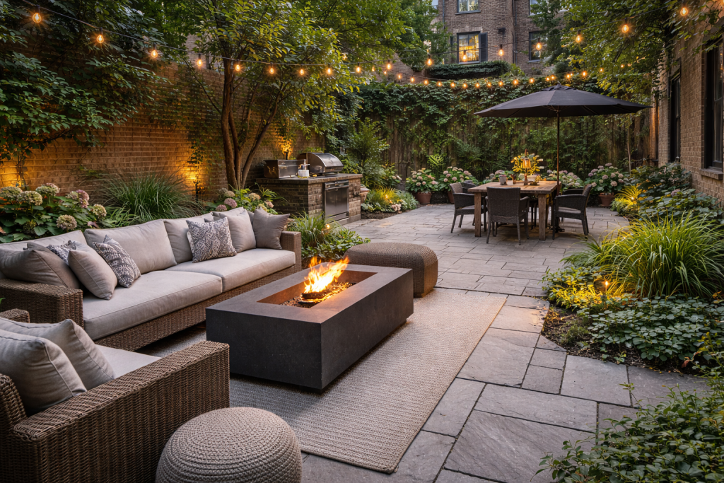 Outdoor living spaces Brooklyn featuring custom paver patio, fire pit, and seating in a landscaped brownstone backyard