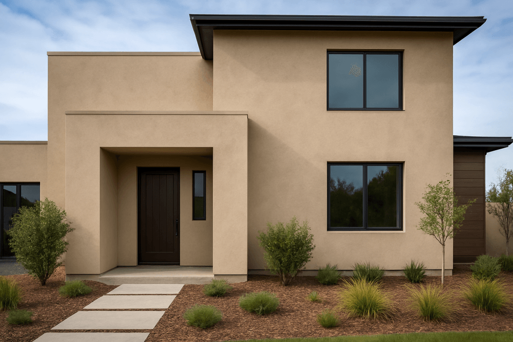 Modern stucco home exterior showing smooth, clean texture and durable cement finish