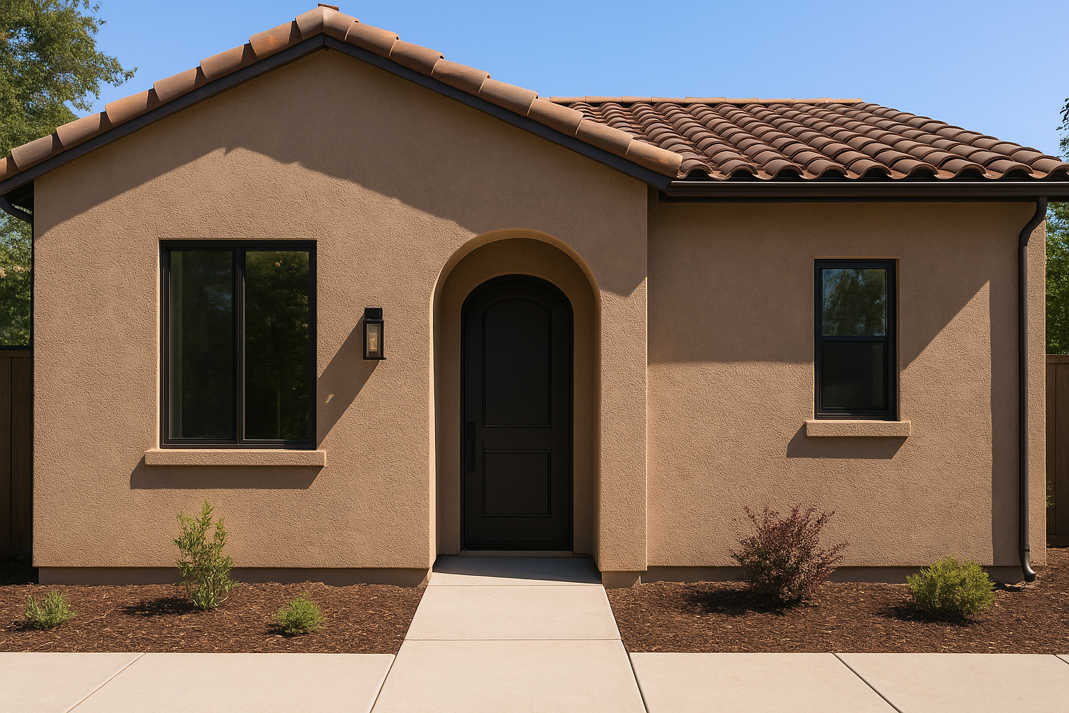 Modern house exterior displaying various stucco finish types, including smooth and textured stucco surfaces