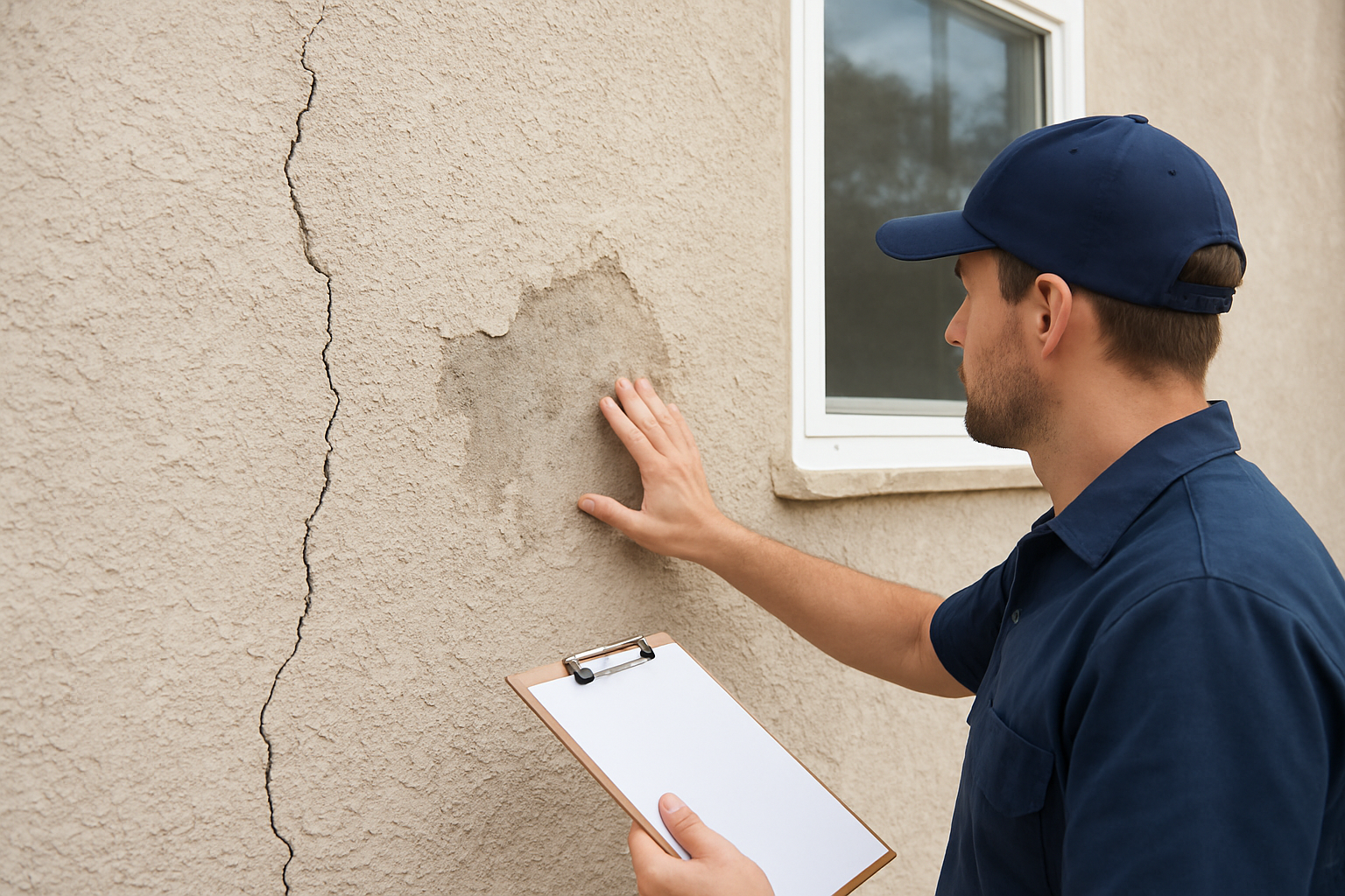 Close-up of textured stucco wall showing cracks and surface damage before professional stucco repair