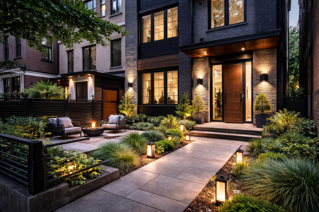 Modern urban exterior renovation with clean lines, lighting, and landscaping