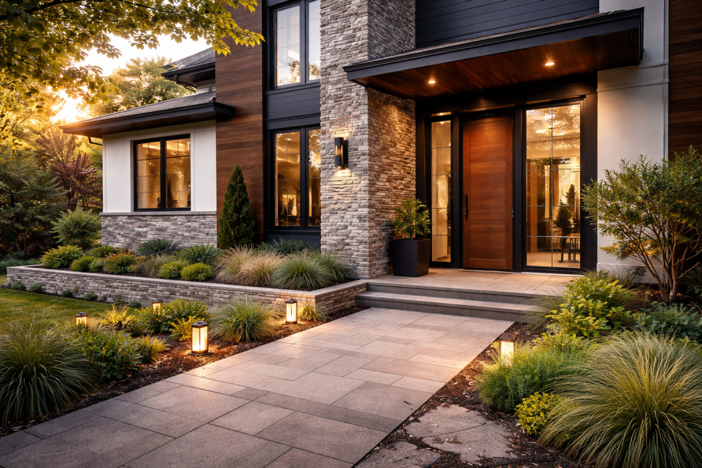 Modern exterior design showcasing a durable stone façade, fiber cement siding, and a well-lit entryway that balances aesthetics and long-term performance