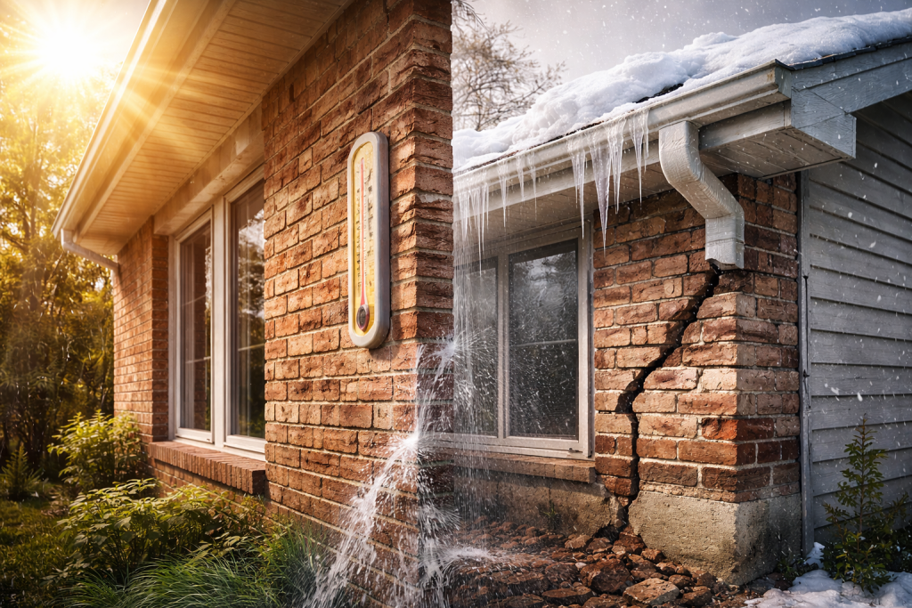 Seasonal weather damage on brick exterior and building materials