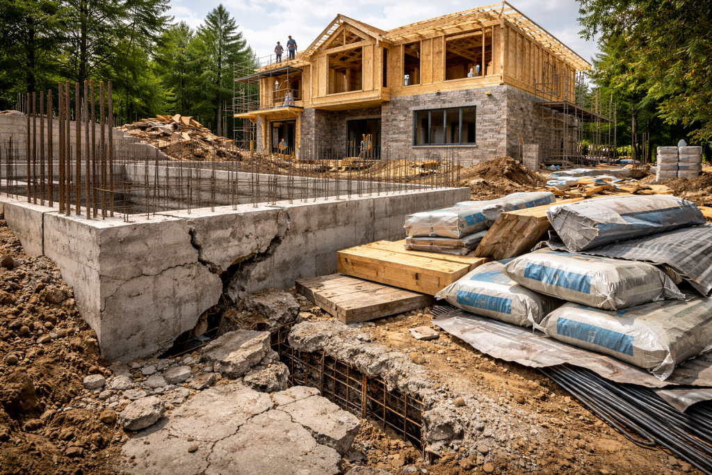 Cracked foundation and poor construction practices on a building site