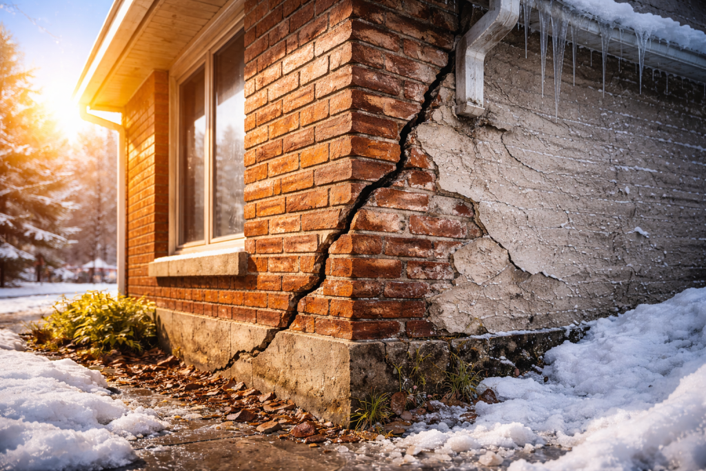 Cracked exterior wall caused by temperature changes and material expansion