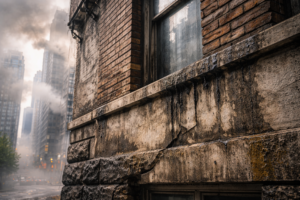 Urban pollution damage on brick and stone building exterior in a city environment
