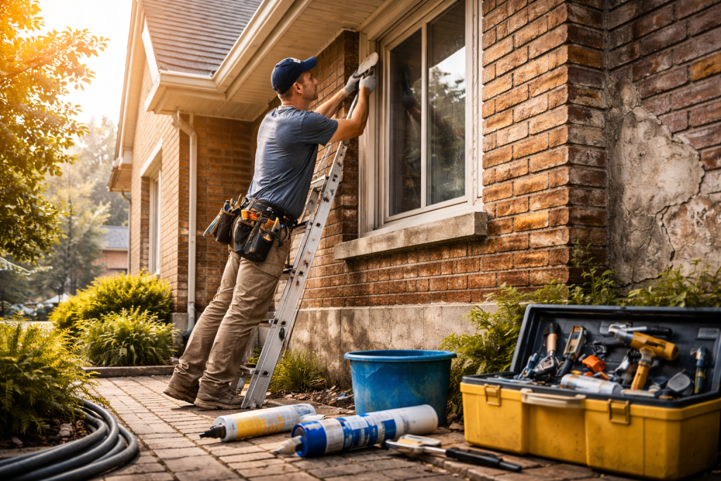 Preventive maintenance work sealing windows to stop moisture damage