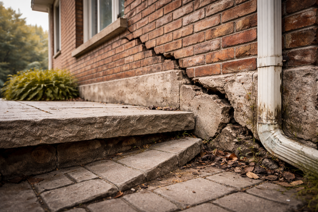 Exterior structural problems with stair-step brick cracks, damaged mortar, and a sinking concrete step near the foundation