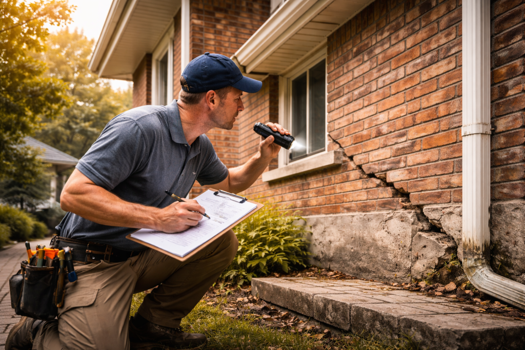 Routine building inspection identifying early foundation cracks to prevent major repairs