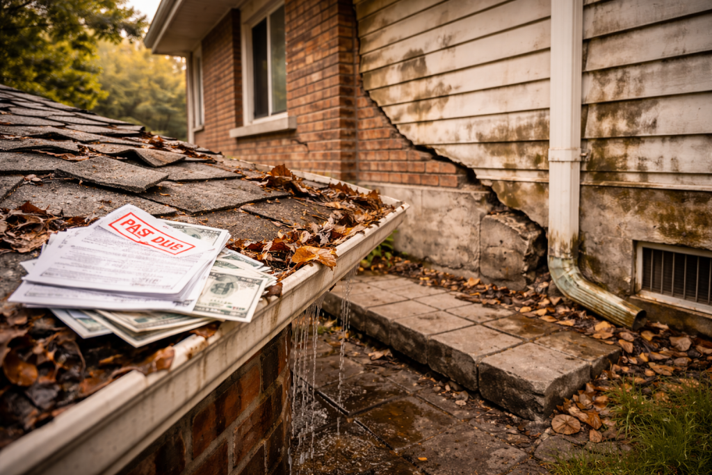 Deferred home maintenance causing water damage, clogged gutters, and exterior structural deterioration